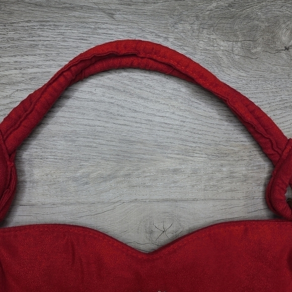 VINTAGE Escada Red Velvet Bronze Logo Sweetheart Knotted Strap Handbag - Picture 4 of 11